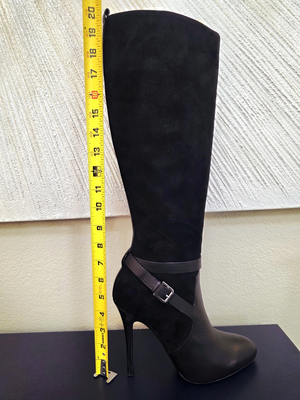 Ralph Lauren Black Leather & Suede Knee-High Stiletto Buckle Boots - Size US 8.5 - Picture 13 of 16